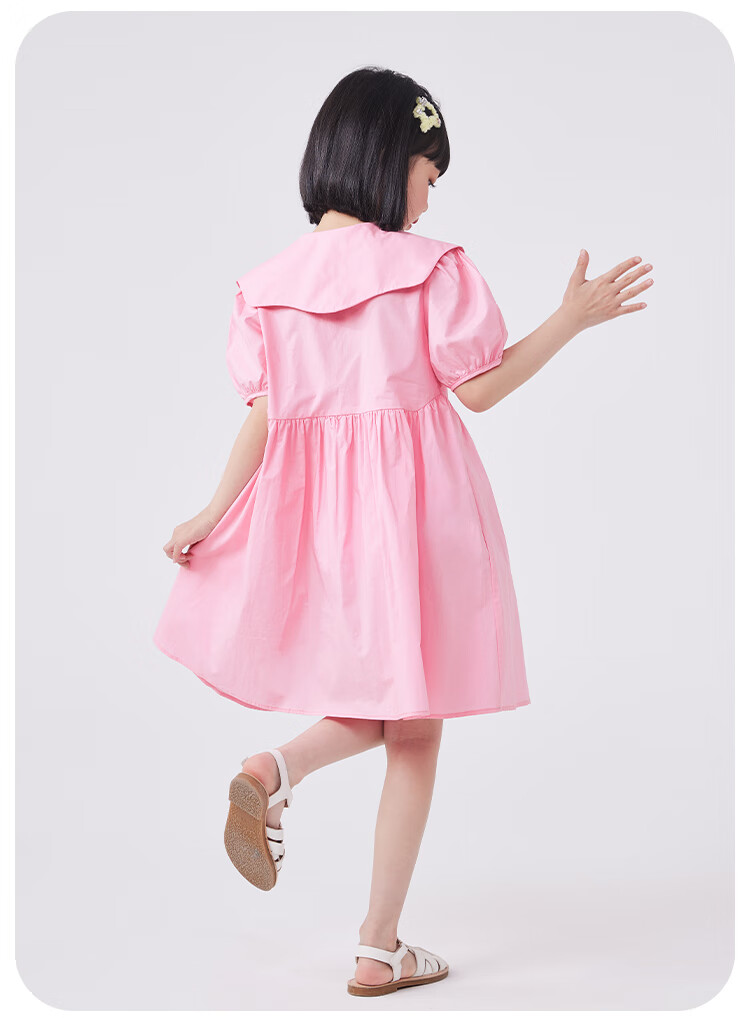 QQ DUCK Girls' Dress, Children's Summer Dress, Youth Clothing, Sweet Heart Collar, Pink; Size 120 12