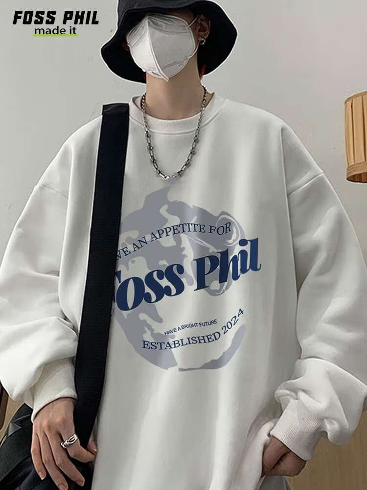 Foss Phil Men's Sweatshirt, Spring And Autumn Fashion Brand, Round Neck Printed Oversized Casual Long-Sleeve Undershirt, FPW1 Black L 4