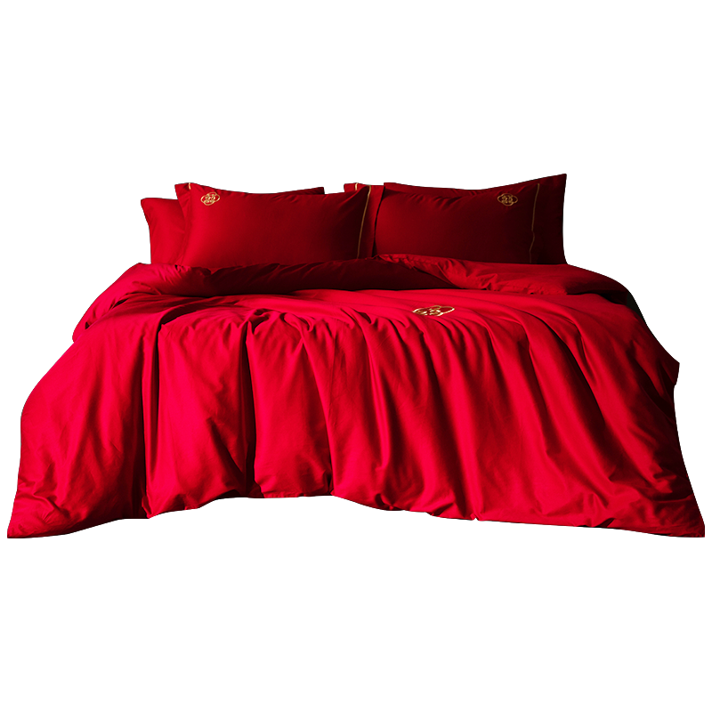 SILKUEEN Wedding Bedding Set, Pure Cotton Sateen Four-Piece Set, Wedding Celebration, Bright Red, Wedding Room, Double Happiness Quilt And Duvet Cover Set, 200*230cm