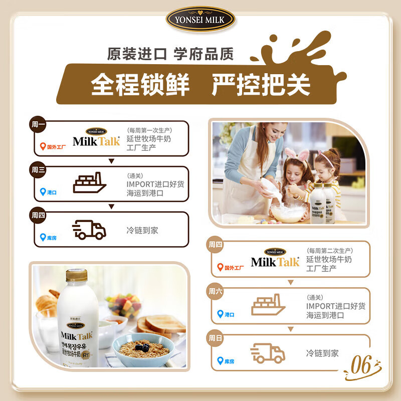 伊利YONSEI MILK延世牧场 韩国原装进口 1L 全脂低温牛奶 1A级奶源