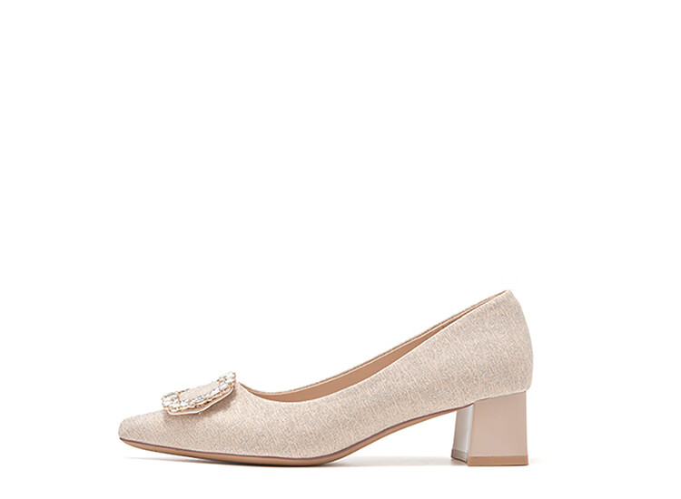 Josiny Rhinestone Square Buckle Pointed Toe Slip-On Chunky Heel Fashion Shoes, Spring Stylish Versatile Elegant Women's Pumps, Light Gold, Size 37 19