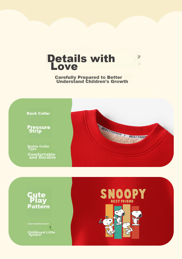 SNOOPY Children's Clothing Fleece-Lined Thick Warm Sweatshirt Red New Year Outfit Winter Happy Dog Big Red 13