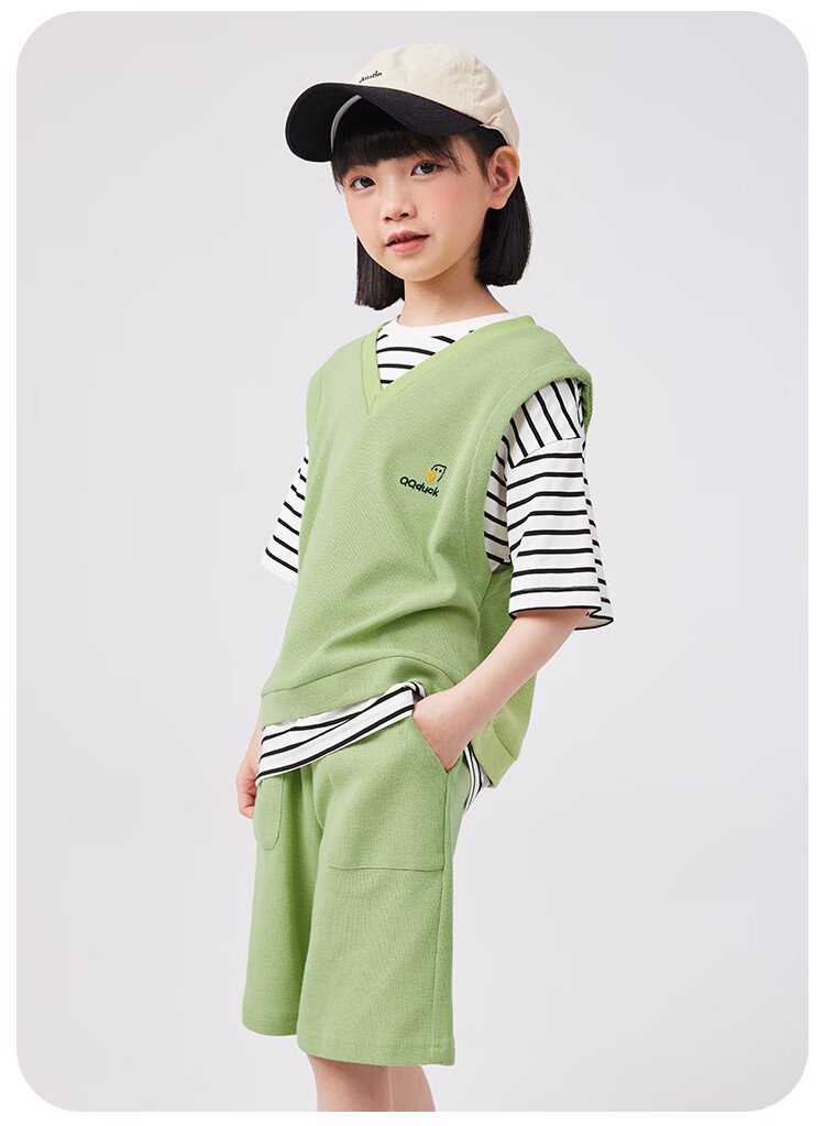 QQ DUCK Girls' Summer Outfit Set, Children's Sports Short-Sleeve Shorts, Youth Clothing, Waffle Texture, Green; Size 120 12
