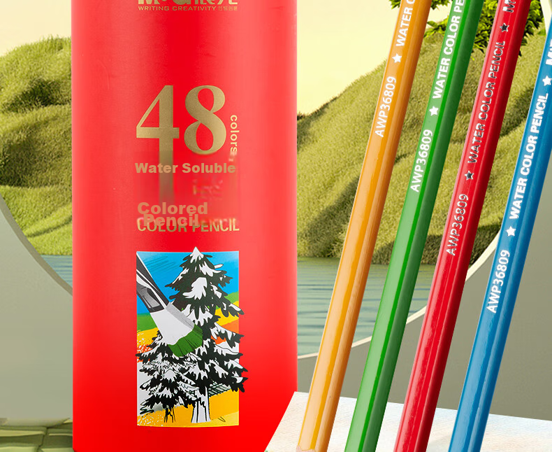 M&G Stationery, 12 Colors of Water-Soluble Colored Pencils, Student Art Coloring Set with Brushes, Red Tube Packaging, AWP36809, Children's Birthday Gift 2