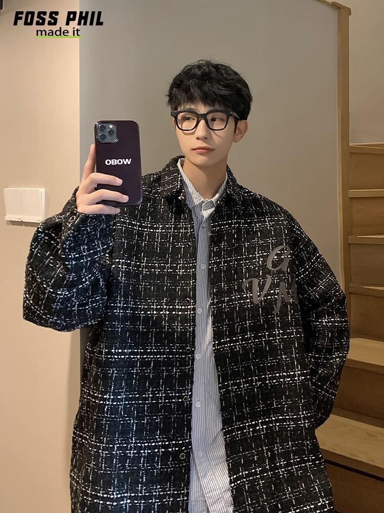 Foss Phil Men's Jacket, Spring And Autumn Fashion Brand Chanel-Style Coat, Plaid Lapel, Korean Version Loose Outerwear, FPJK10 Black M 11