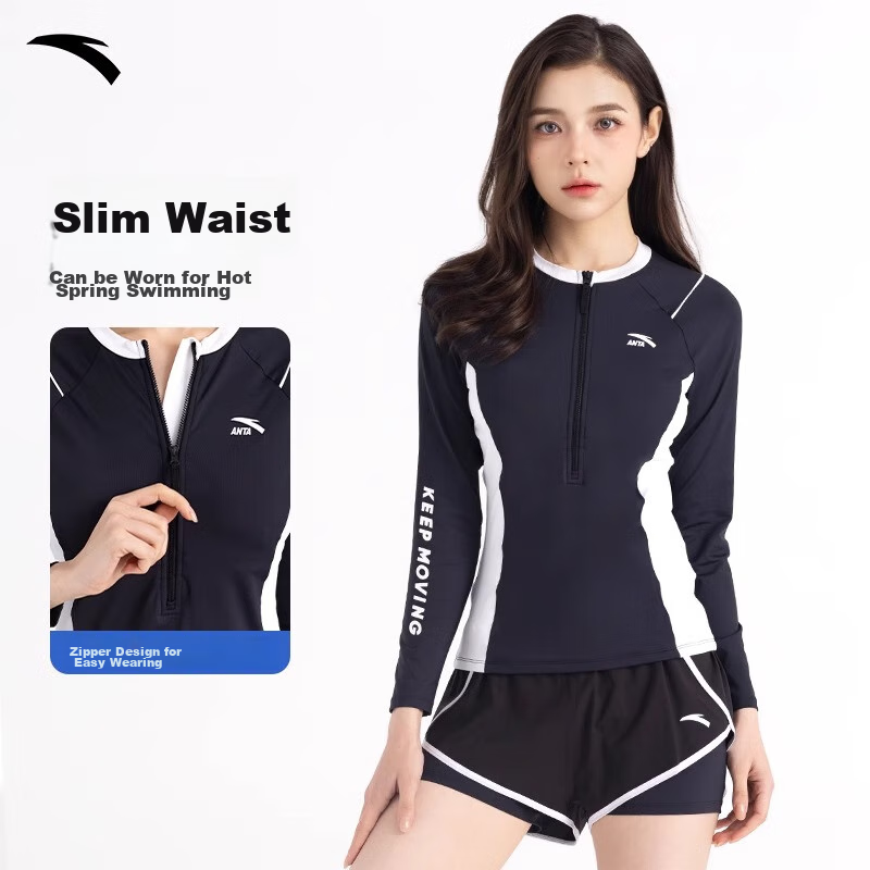 ANTA Slim Waist Swimsuit for Women, 2026 New Two-Piece Conservative Long-Sleeve Swimwear, Plus Size Hot Spring Swimsuit for Curvy Girls, Black And White, Size M