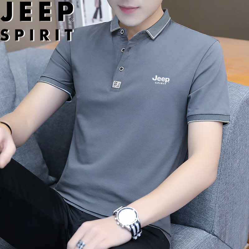 JEEP SPIRIT Men's Short-Sleeve T-Shirt, Summer POLO Shirt, Business Casual, Turn-Down Collar, Breathable, Slim Fit, Dark Gray, XL
