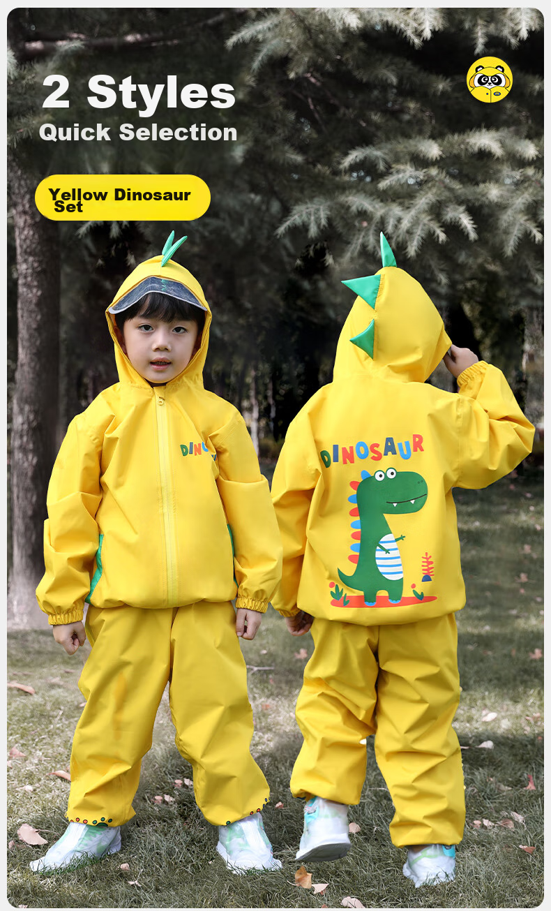 Moremerry Children's Raincoat Two-Piece Set, Boys And Girls Kindergarten Waterproof Rain Pants, Baby Rain Poncho, Yellow Dinosaur Set, Size S 16