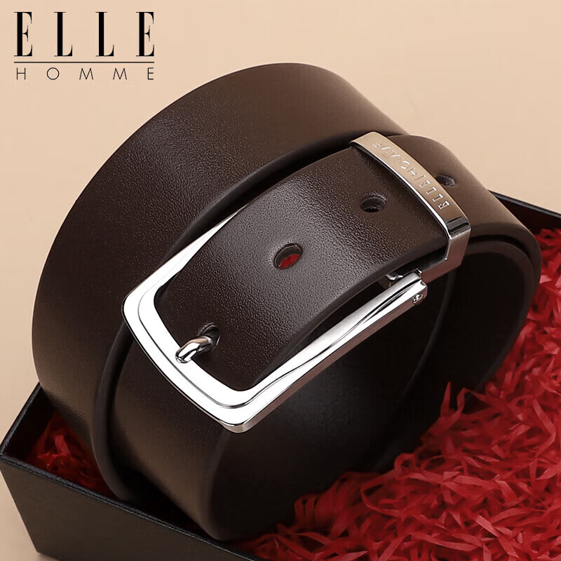 ELLE HOMME Business Men's Leather Belt, Single-Layer Cowhide Pin Buckle Waistband, 304 Stainless Steel Buckle Head, Birthday Gift for Me