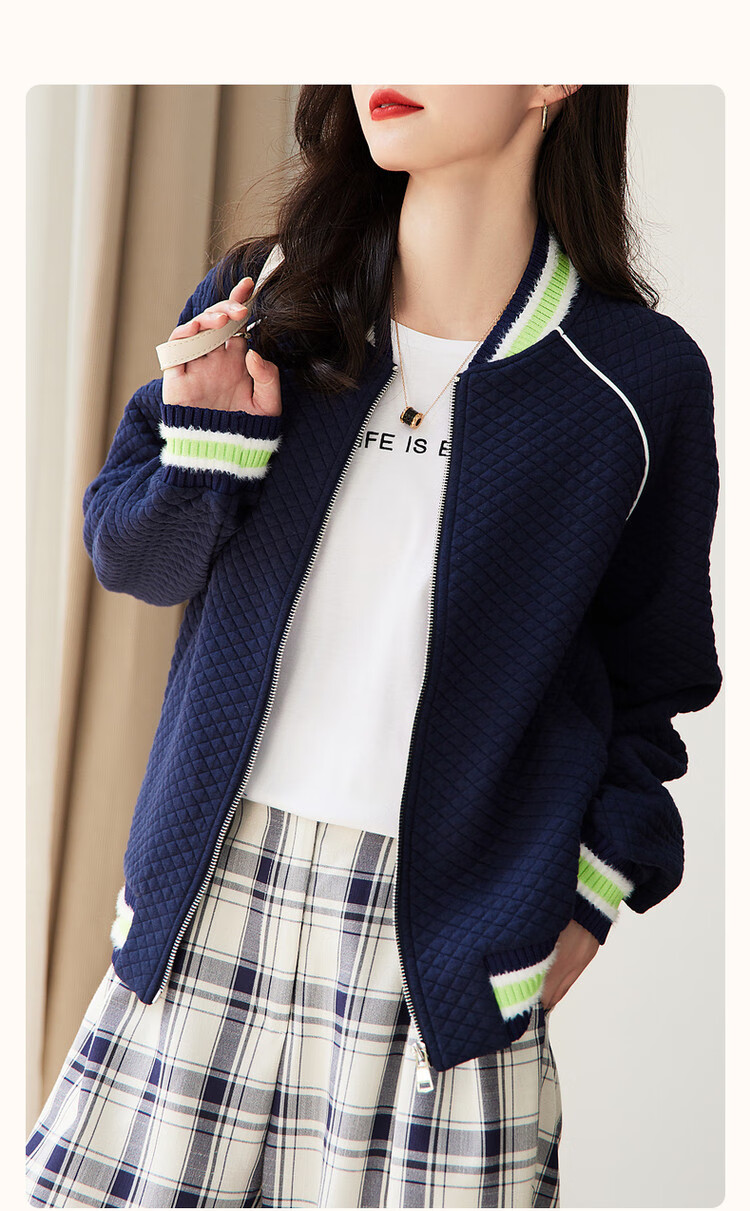 Dme Knitted Chanel-Style Spring And Autumn Baseball Collar Long-Sleeve Zipper Slightly Stretchy Quilted Jacket for Women, Short Style, Off-White, M 21
