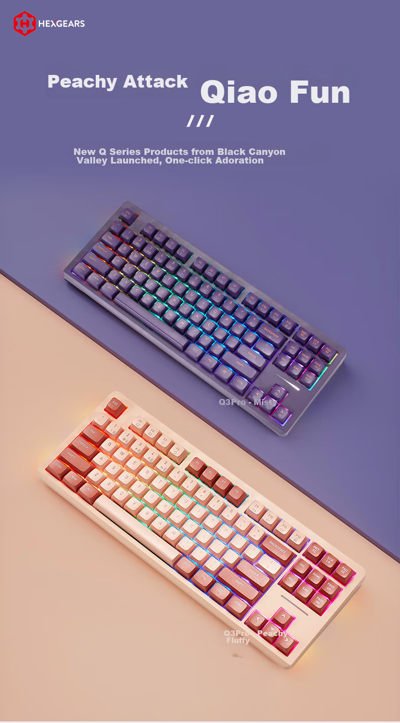 Hyeku Q3pro 87-Key Tri-Mode Wireless Bluetooth Customizable Mechanical Keyboard Hot-Swappable Gasket Structure Keyboard Gaming Office RGB Peach Soft Kaehua BOX Red Switch 1