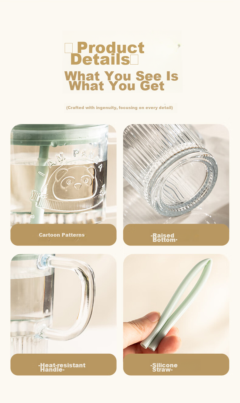 CAIZHI Glass Cup with Lid And Handle, Office Water Bottle with Straw, Large Capacity Cup, Transparent Mint Green CZ6940 14