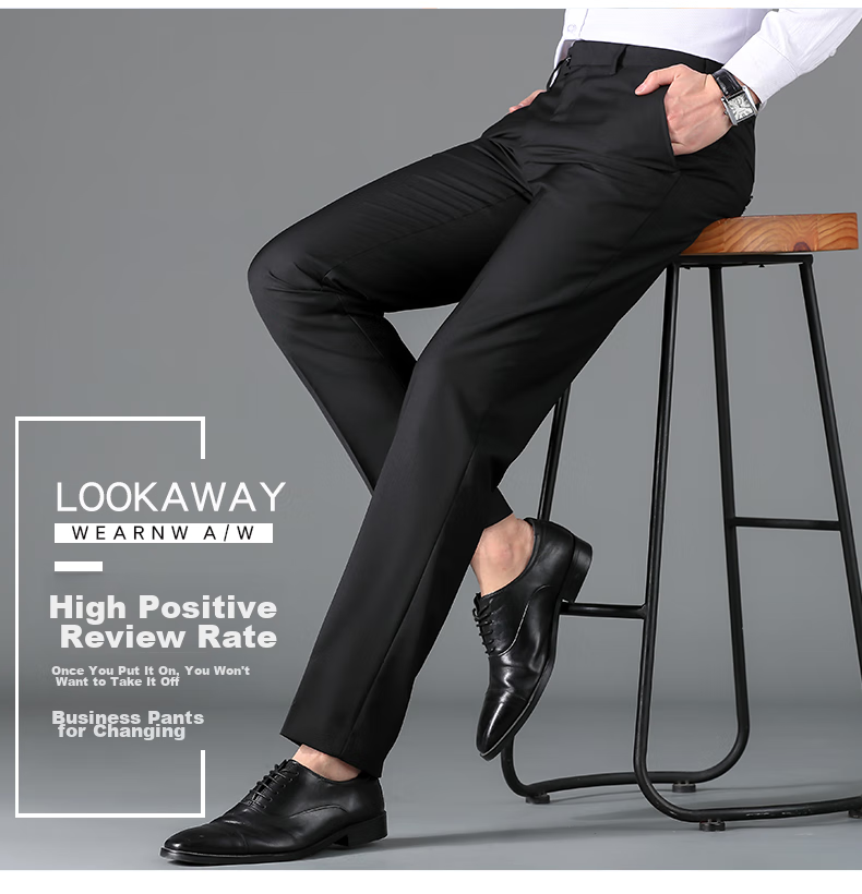 ROMON Wrinkle-Resistant Non-Iron Dress Pants for Men, High-Waisted Loose Casual Business Suit Trousers Straight-Leg Dad Pants 12
