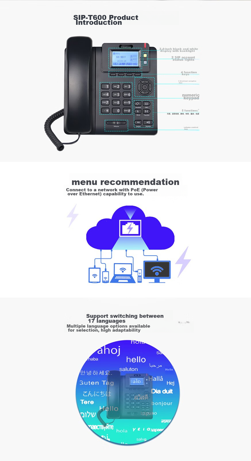 Yikatong T600 Internet Phone with 2 SIP Accounts, Dual Gigabit Ethernet Ports for Office IP Phones, Headset Interface Customer Service Phone T600 [Power Adapter for Power Supply] 2