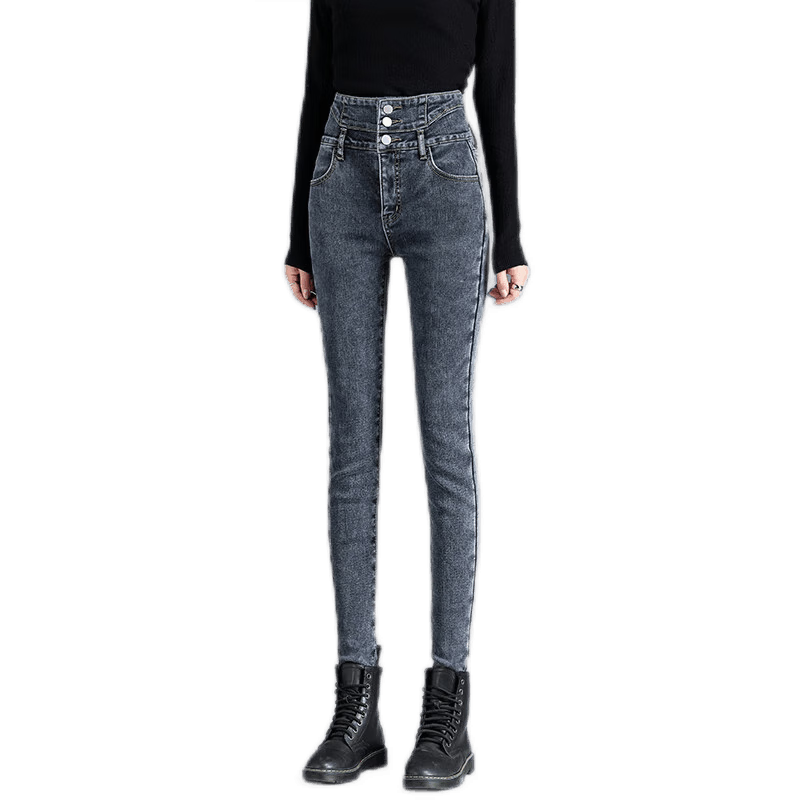 Jeanswest Women's Jeans, Thick Fleece-Lined Pants, High-Waisted, Slimming, Skinny Leg Trousers, Winter Wear, Smoke Gray Color, Size 31