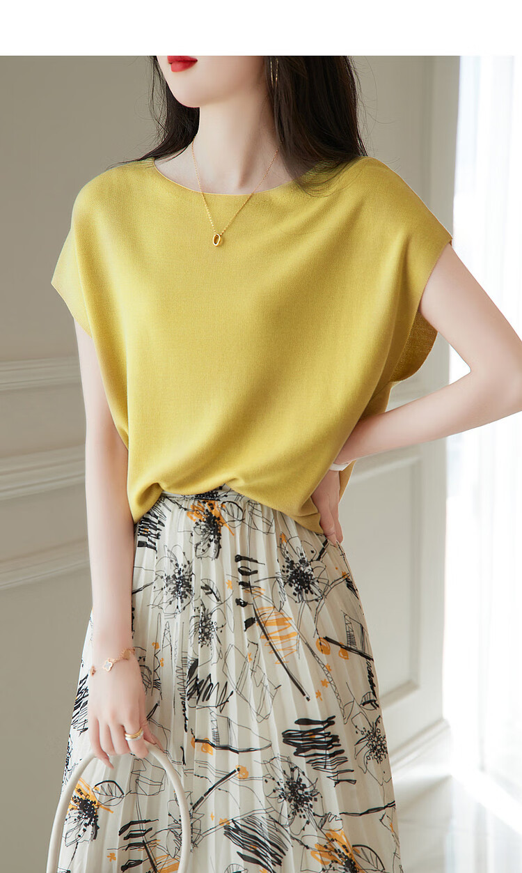 Dme [One-Word Collar Knit Top], Summer Elegant Batwing Sleeve Short-Sleeve Knit Sweater, Women's Blouse 10