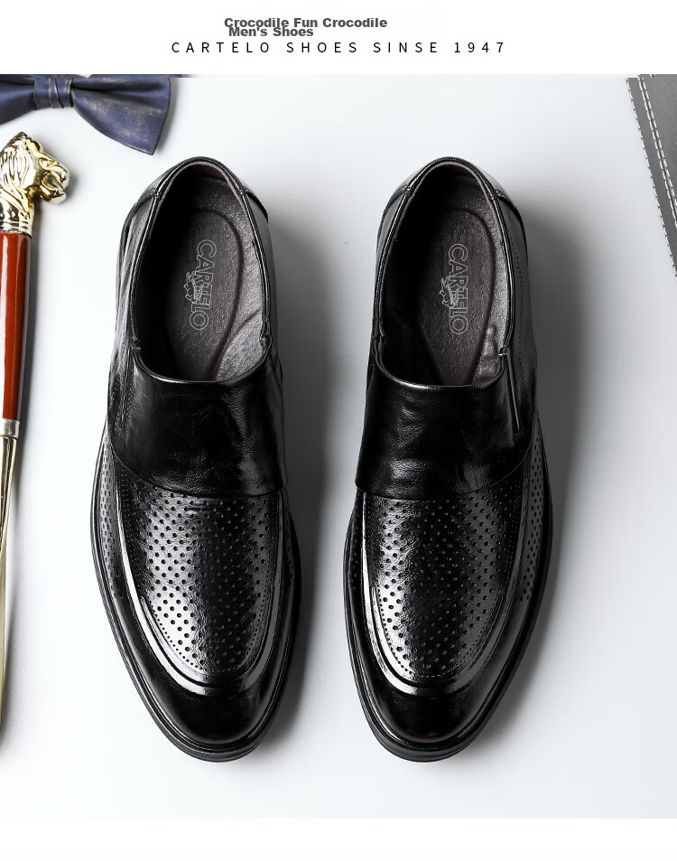 CARTELO British Business Men's Leather Shoes, Breathable Cowhide Men's Shoes, Casual Leather Shoes, Slip-On Loafers, 9832 Black, Size 42 19