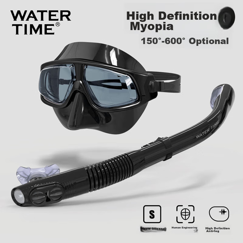 Маска для дайвинга WATERTIME, полнолицевая, с трубкой, для снорклинга, с диоптриями -4.00, черная