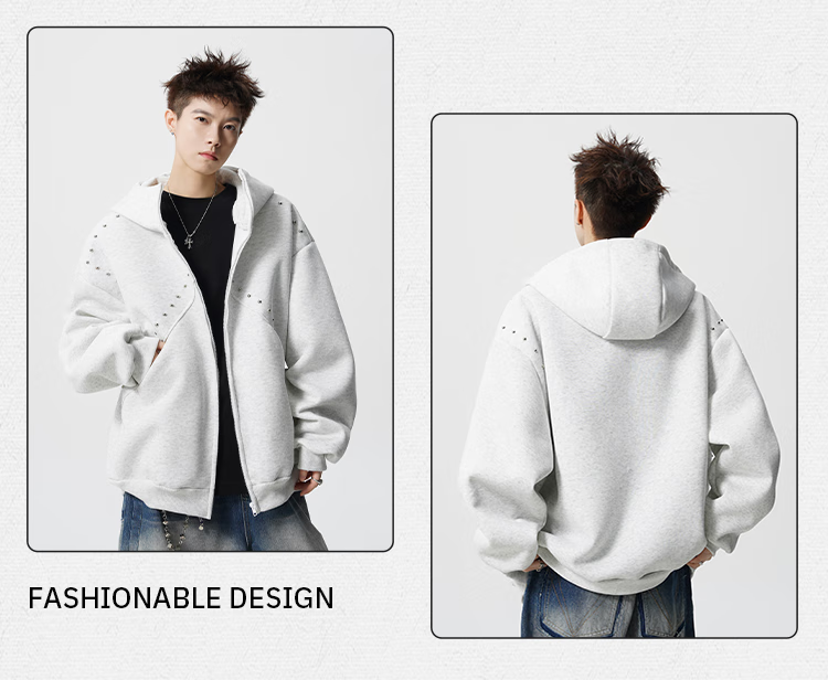 Homlean American Heavyweight Rivet Hooded Zip-Up Sweatshirt Men Autumn Trendy Loose Casual Jacket HX35 Black M 5