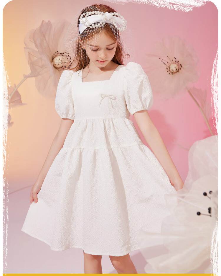 ASK JUNIOR Girls' Summer Dress with Puff Sleeves, Princess Style, Beach Vacation-Inspired White Dress 2