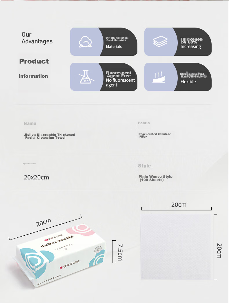 Grace Disposable Face Towels for Home And Travel, Plain Weave Style, 6 Packs, 20*20cm, 100 Pieces/pack 3