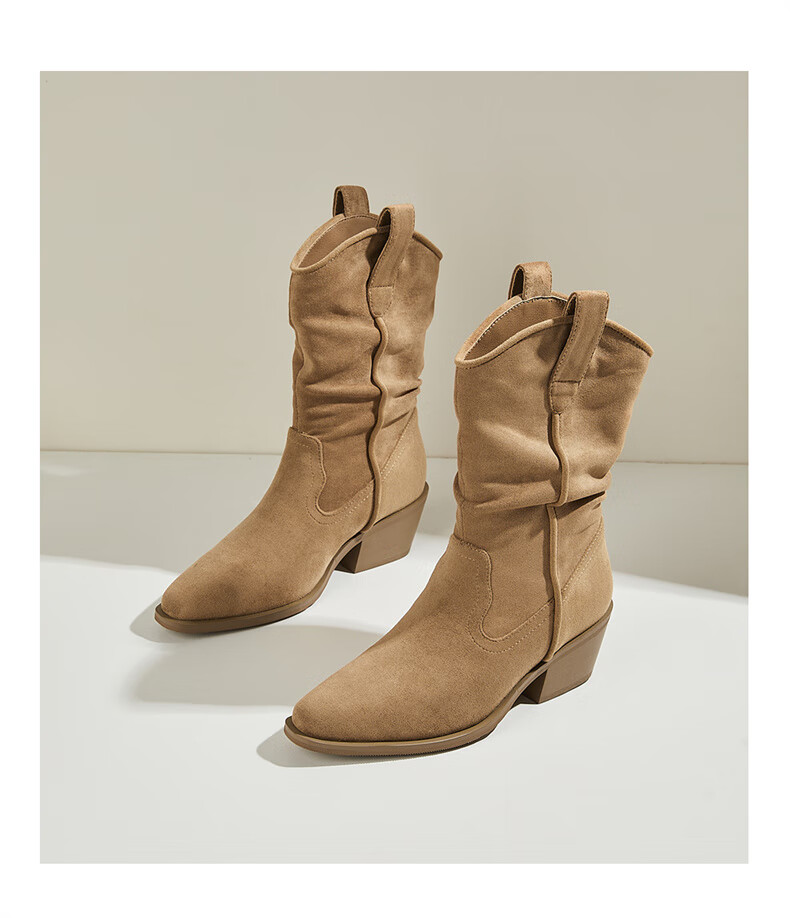 DAPHNE Pointed Toe Western Boots for Women with Fleece Lining, Chunky Heel, Versatile Retro Mid-Calf Boots, Khaki with Fleece Lining, Size 35 10