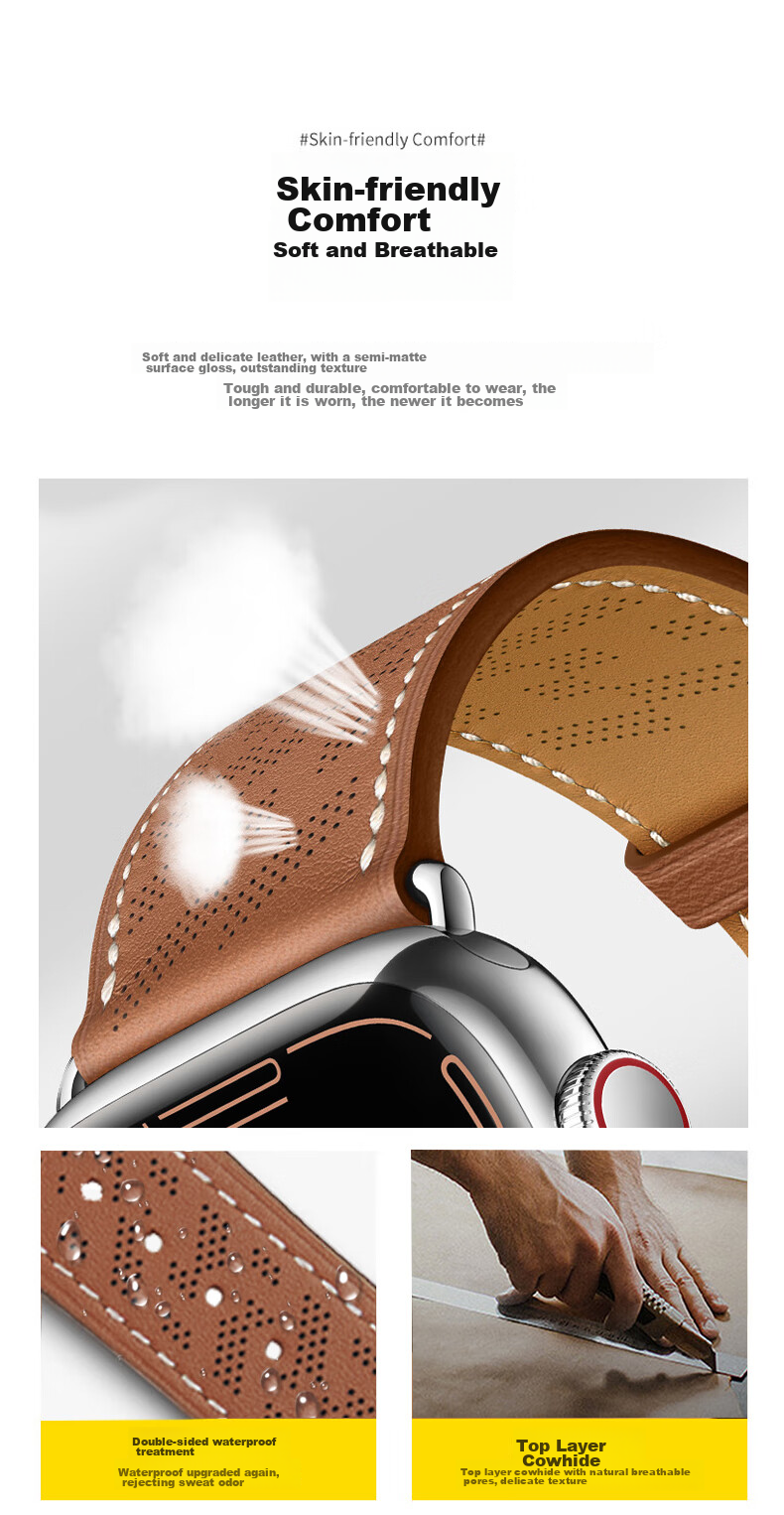 MSSM Compatible Apple Watch Band, Hermes Style IWatch S12 Genuine Leather Folding Buckle Strap, Ultra4/S11/10/Se3 Micro-Hole Light Brown, 44-49 10