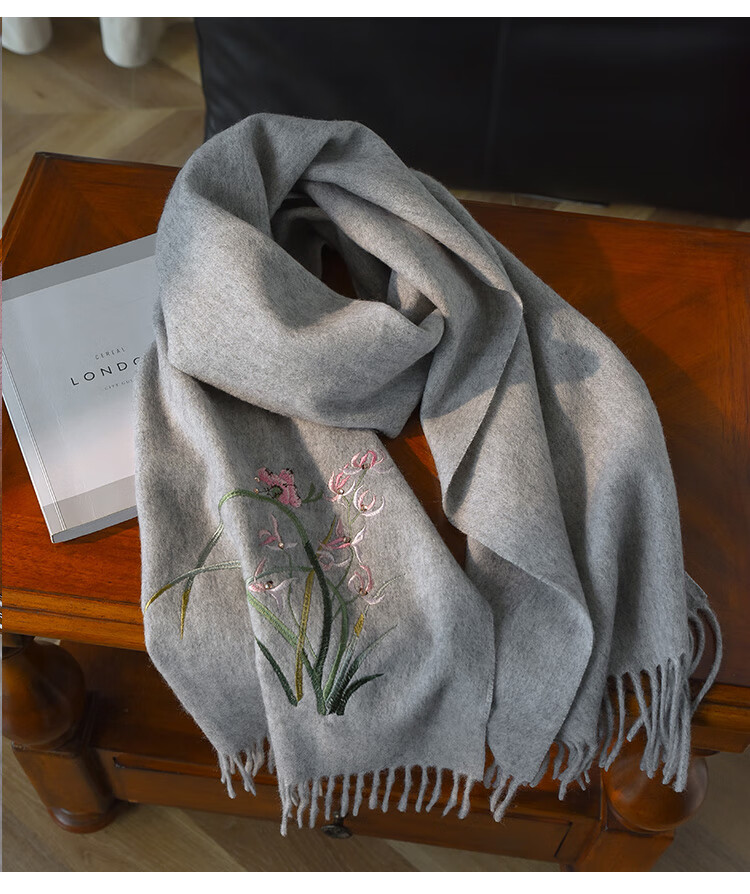 Hangsilu Pure Wool Scarf for Women, Embroidered Shawl, Elderly Neck Warmer, Mid-Autumn Festival Gift for Mom And Elders, High-End Birthday Present 20