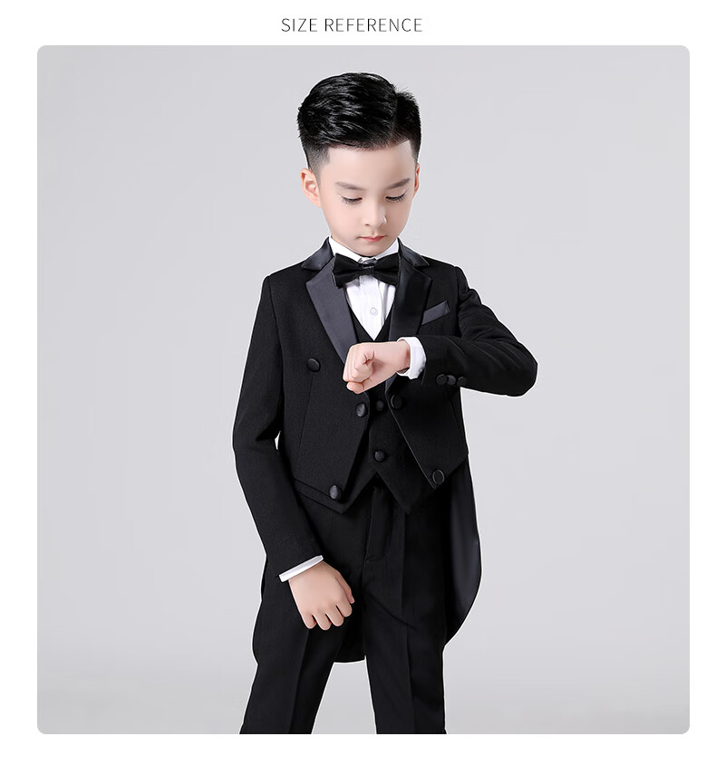 Luomeng Boys' Formal Suit Set, Little Host Piano Performance Outfit, Flower Boy Tailcoat, Black, Size 170 17