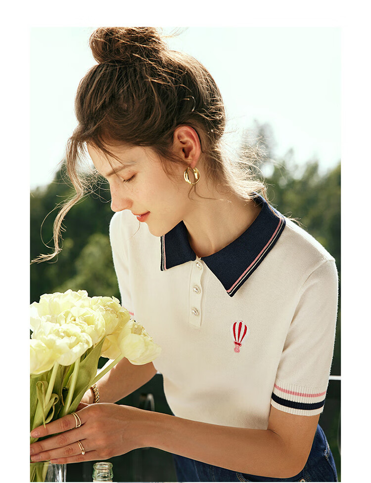 Olrain French Polo Collar Short-Sleeve Knit Top, Summer Women's Loose-Fit Academic Style Blouse, Off-White, XL 14