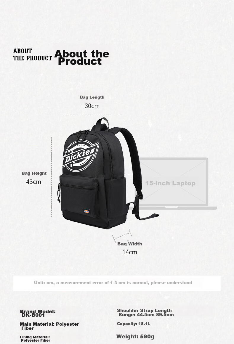 Dickies Backpack for Women DK Hidden Compartment Large Capacity School Bag with Multiple Compartments for Middle And High School Students Lightweight Casual Outdoor Travel Bag 14
