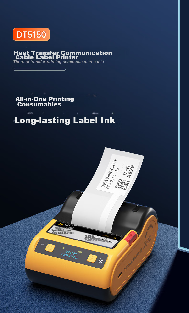 Detong DT5150 Thermal Transfer Cable Label Printer, Communication Room Network Cable Knife-Type Fiber Optic Outdoor Electrical Wire Handheld Portable Ribbon Box Label Machine, Comes with 1 Box of White Cable 1
