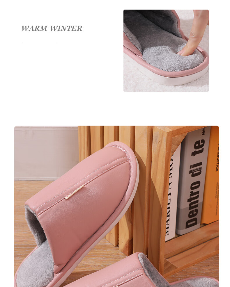 FOOTOPPO PU Leather Slippers for Men, Cotton Slippers for Winter, Thick-Soled Non-Slip Warm Furry Slippers, Soft-Soled Men's Home Shoes, Waterproof Cotton Slippers for Wome 10