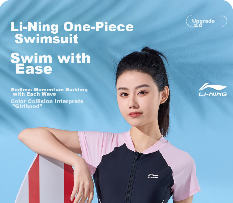 Li-Ning Women's Swimsuit, Fashionable One-Piece Boyleg, Casual High-Waist Slimming, Highly Elastic Breathable Hot Spring Swimwear, 508 Black Pink XL 1