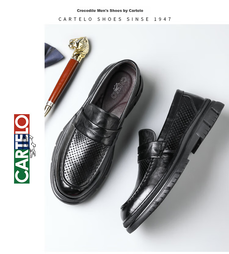 CARTELO Men's Loafers, Leather Shoes, Business Casual Shoes, Breathable Soft Leather Slip-On Shoes, Model 9925, Black, Size 39 15