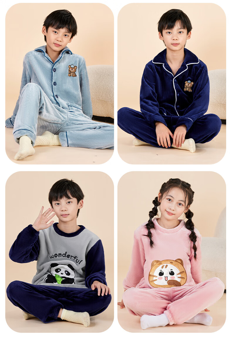 LangSha Children's Pajamas, Boys' Autumn And Winter Round Neck Fleece-Lined Thickened Double-Sided Flannel, Girls' Home Wear, Warm Set, Size 150 12