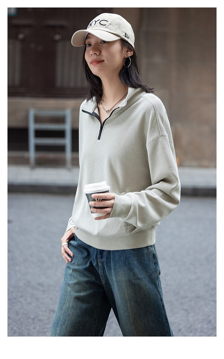 Dme [Relaxed Fit Pullover Sweatshirt] Autumn Light Bean Green Stylish Stand Collar Zipper Half Placket Simple Sweatshirt 3