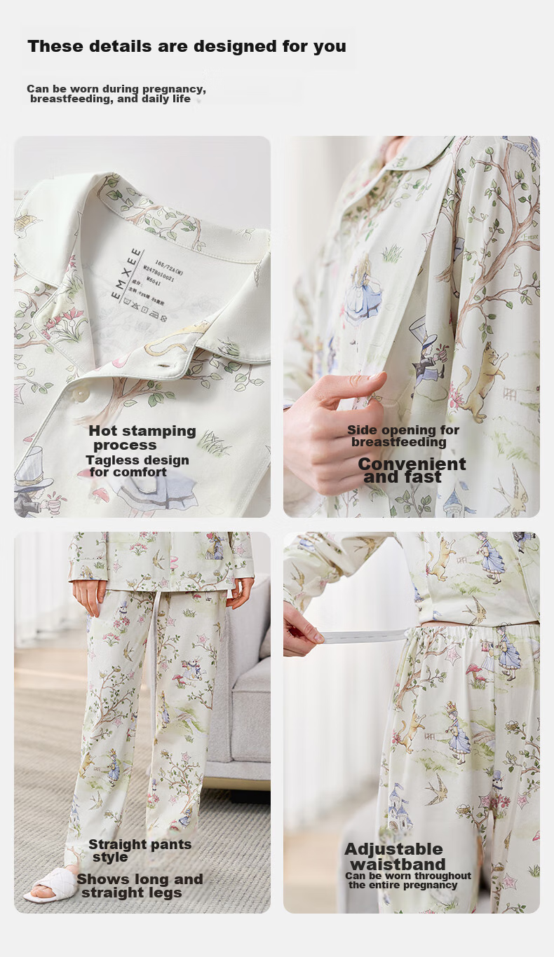 EMXEE Spring And Autumn Thin Maternity Pajamas with Built-In Chest Pads, Postpartum Nursing Sleepwear, Alice Home Wear, Size M 22