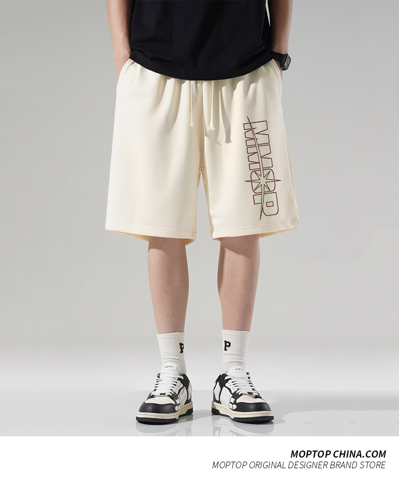 MMOPTOP Trendy Printed Men's Summer Japanese Style Loose Fit Five-Point Casual Sports Shorts HYJ02 Apricot L 3