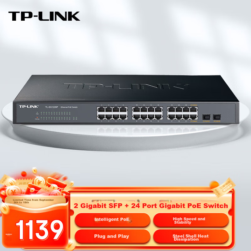 TP-LINK 24-Port Full Gigabit + 2 Gigabit SFP PoE Switch, Enterprise-Grade Splitter, TL-SG1226P