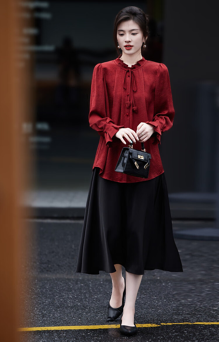 Dme [Ankeala Red] Elegant Office Blouse for Spring And Autumn, Wrinkled Shiny Ruffle Puff Sleeve Shirt Women's Top 20