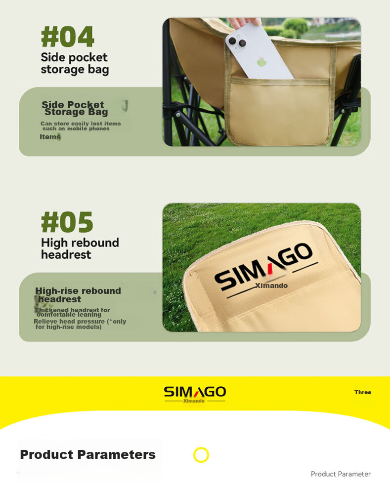 SIMAGO Outdoor Folding Chair Camping Chair Lounge Chair Portable Folding Moon Chair High Backrest Khaki XMDYLY 22