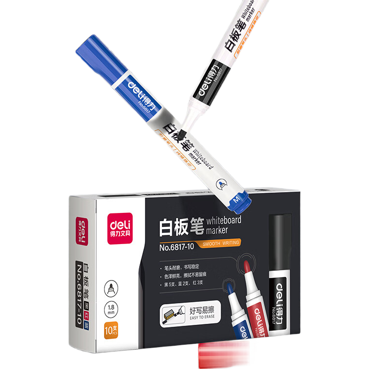 Deli Whiteboard Marker Set, Erasable And Easy to Erase, Smooth Writing, Office Stationery for Meetings And Teaching, 5 Black 3 Red 2 Blue Mixed Colors, 10 Pieces/box, 6817-10