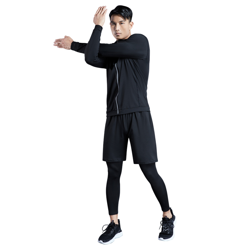 Fandimu Fleece-Lined Sports Set for Men, Four-Piece Fitness Outfit with Long Sleeves, Thin Fleece Base Layer, Elastic Training Basketball Running Wear, 2XL