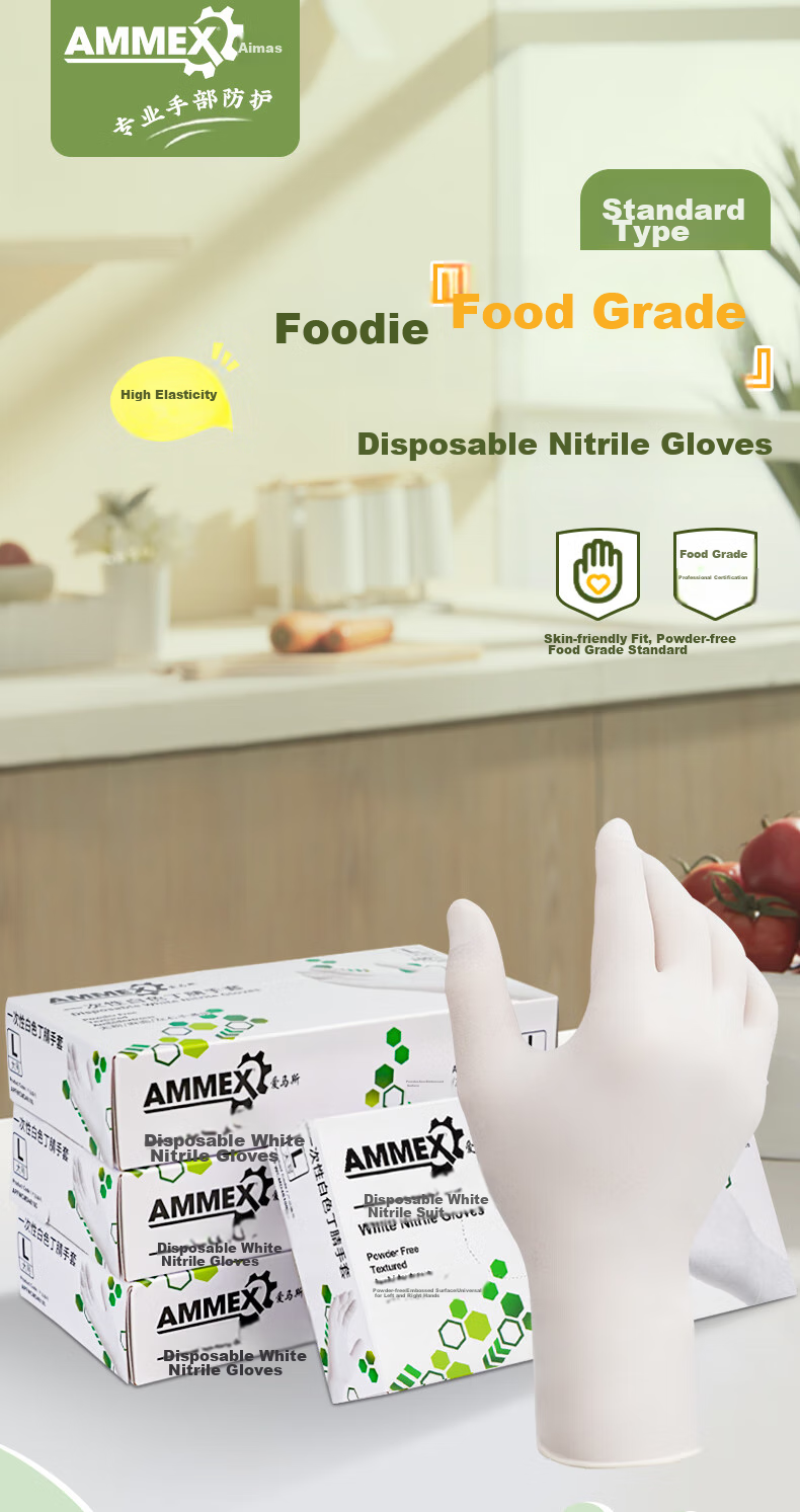 AMMEX Disposable Gloves, Nitrile Gloves, 100 Pieces, Large Size, for Catering, Housework, Cleaning, Kitchen, White Nitrile Rubber Gloves 1