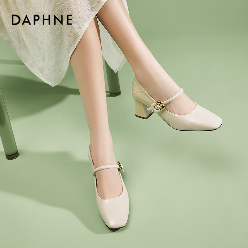 DAPHNE French Mary Jane Shoes for Women, Chunky High Heel with Single Strap, Leather Commuter Soft-Soled Flats, Beige, Size 37