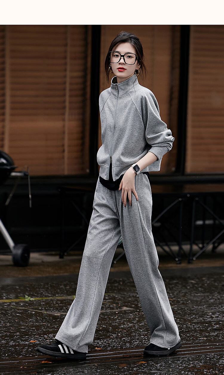 Dme [Wandering Outfit] Spring And Autumn Sporty Style Stand-Up Collar Double Zipper Long-Sleeve Top Casual Pants Women's Two-Piece Set 24