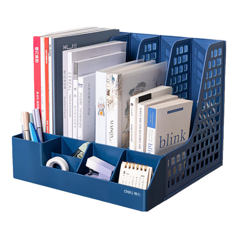 Deli 4-Tier Desk Organizer with Pen Holder, Multifunctional Desktop File Storage Box, Document Tray, Bookend Rack, Office Supplies Multi-Layer File Storage Shelf, Document Stand, Hollow Blue