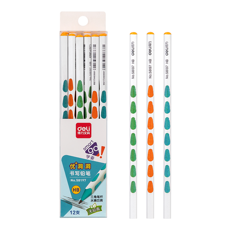 Deli Perforated Pencils, 12 Pieces, HB Colorful Triangular Shaft Writing Pencils, Children's Posture-Correcting Pencils, Student Handwriting Practice Pencils, 58197 School Supplies for Students