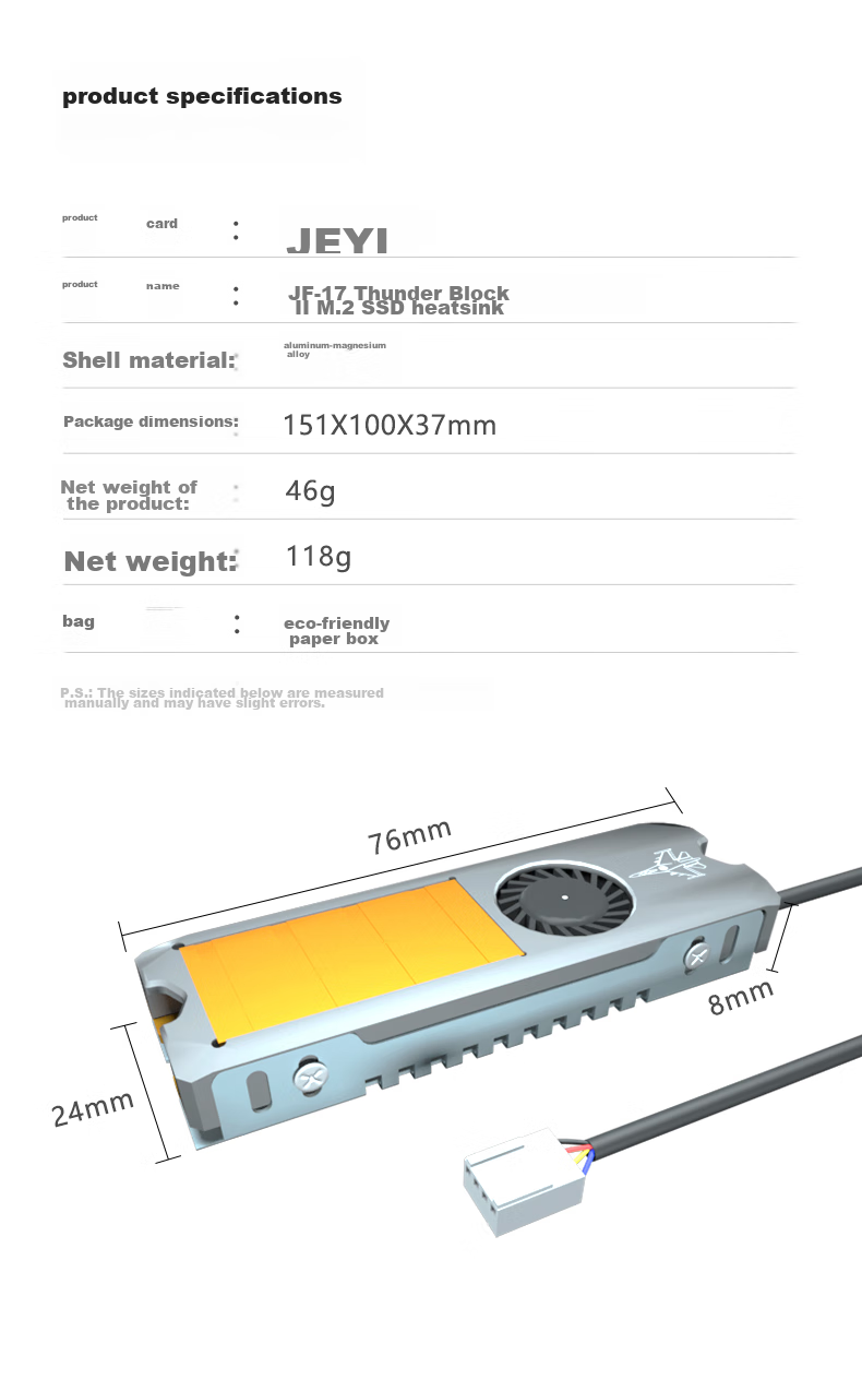 JEYI M.2 Turbo Fan Hard Drive Cooler, NVME SSD Cooling Vest, Powerful Fan Cooling, SSD Heat Sink, Suitable for Samsung, Xiumian, Lenovo, And Zhishai 8